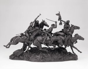 The Old Dragons of 1850, modellerad 1905, gjuten 1905-09 (brons med svart patina) av Frederic Remington