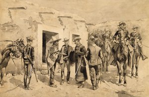 U. Amerikanskt kavalleri jagar Garza-män vid Rio Grande av Frederic Remington