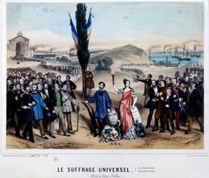 Allegori till den allmänna rösträtten för Alexandre Auguste Ledru-Rollin (Ledru Rollin) (1807-1874) Ledru Rollin, en kandidat för presidentvalet 1848, är en anhängare av Arbre de la Liberte, han var för allmän rösträtt, Etablerade