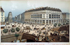 Exteriörvy av La Belle Jardiniere, rue du pont neuf i Paris på 1800-talet. Gravyr av Frederic Sorrieu (1807 -? )