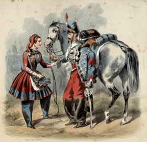 Den franska armén och dess cantinieres: Hussard och cantiniere de troupe de line. Gravyr av Frederic Sorrieu (1807 -? )