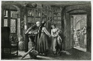 På apoteket i byn Kaysersberg (eller Kaisersberg, Alsace), en akut konsultation. Gravyr av F.Lix, för att illustrera berättelsen "Genom Alsace och Lorraine", 1884, av Charles Grad (1842-1890), tysk deputerad, författare och naturforskare. Pub av Frederic Theodore Lix