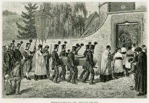 Begravning av en minderårig. Gravyr av Lix, för att illustrera berättelsen A Through Alsace and Lorraine, 1887, av Charles Grad, tysk deputerad, i tour du monde 1888, regisserad av Edouard Charton (1807-1890), Hachette, Paris. av Frederic Theodore Lix