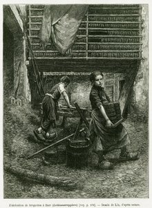Barnarbete vid brikettering, Barr. Gravyr av Lix, för att illustrera berättelsen A Through Alsace and Lorraine, 1887, av Charles Grad, tysk deputerad, i tour du monde 1888, regisserad av Edouard Charton (1807-1890), Hachette, Paris. av Frederic Theodore Lix