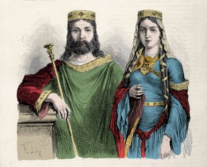 Clovis (481-511) kung av frankerna med sin andra fru Saint Clotilde (Clothilde) drottning. Gravyr av Lix.