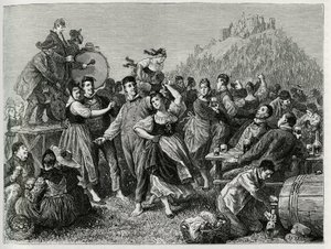Fete des patres vid Hohneck (Vosges), söndag efter Saint John. Gravyr av F.Lix, för att illustrera berättelsen "Genom Alsace och Lorraine", 1884, av Charles Grad (1842-1890), tysk deputerad, författare och naturforskare. Publicerad i Le Tour du monde, nouv av Frederic Theodore Lix