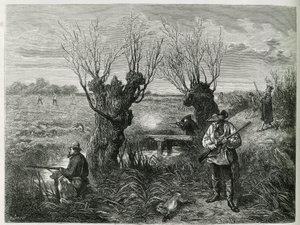 Jaga hare. Gravyr av F.Lix, för att illustrera berättelsen "Genom Alsace och Lorraine", 1884, av Charles Grad av Frederic Theodore Lix