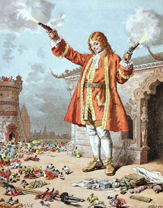"De föll alla baklänges som om de träffades av åskan", illustration från "Gullivers resor" av Jonathan Swift (1667-1745) av Frederic Theodore Lix