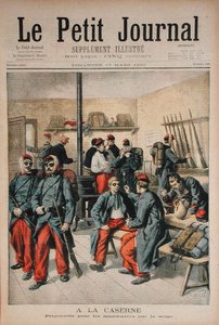 In the Barracks, Preparation for Maneuvers in the Snow, illustration från Le Petit Journal, 17 mars 1895 av Frederic Theodore Lix