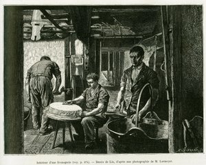 Inne i en ostfabrik. Gravyr av Lix, för att illustrera berättelsen A Through Alsace and Lorraine, av Charles Grad, tysk deputerad, 1885, i tour du monde 1887, under ledning av Edouard Charton (1807-1890), Hachette, Paris.