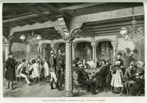 Interiör av Tiefenkeller tavern i Strasbourg. Gravyr av Lix, för att illustrera berättelsen A Through Alsace and Lorraine, 1887, av Charles Grad, tysk deputerad, i tour du monde 1888, regisserad av Edouard Charton (1807-1890), Hachette, Paris. av Frederic Theodore Lix