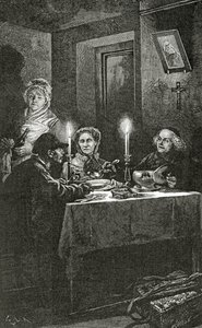 Jean Valjean tas emot och vårdas av biskop Myriel, 1800-talet (bw-gravyr)