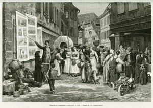 Beklaga sångare på gatorna i Barr. Gravyr av Lix, för att illustrera berättelsen A Through Alsace and Lorraine, 1887, av Charles Grad, tysk deputerad, i tour du monde 1888, regisserad av Edouard Charton (1807-1890), Hachette, Paris. av Frederic Theodore Lix
