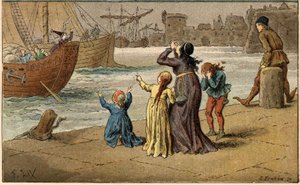 Populär låt: "A Nantes est arrive"". Barn sörjer sitt hav, borttaget av en sjöman. Illustration (detalj) av Frederic Theodore Lix (1830-1897) i "" Chansons et rounds enfantines des provinces de la France"" av Frederic Theodore Lix