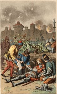 Populär låt: "It was the Grand Duke of Maine"". Hertigen av Maines död, genomborrad av en pil. Illustration av Frederic Theodore Lix (1830-1897) i "" Chansons et rounds enfantines des provinces de la France"" av Frederic Theodore Lix