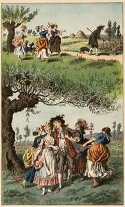 Populär låt: "We were three girls"". Illustration av Frederic Theodore Lix (1830-1897) i ""Barnsånger och rundor från Frankrikes provinser"" av Frederic Theodore Lix