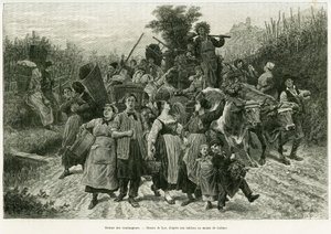 Återkomst av skörden. Gravyr av Lix, för att illustrera berättelsen A Through Alsace and Lorraine, 1887, av Charles Grad, tysk deputerad, i tour du monde 1888, regisserad av Edouard Charton (1807-1890), Hachette, Paris. av Frederic Theodore Lix