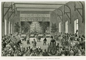 Julgranen på Etablissementet Dietsch. Gravyr av Lix, för att illustrera berättelsen A Through Alsace and Lorraine, 1887, av Charles Grad, tysk deputerad, i tour du monde 1888, regisserad av Edouard Charton (1807-1890), Hachette, Paris. av Frederic Theodore Lix