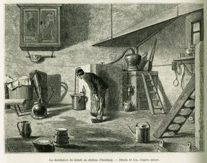 Destillationen av kirsch på slottet Isenburg. Gravyr av Lix, för att illustrera berättelsen A Through Alsace and Lorraine, 1887, av Charles Grad, tysk deputerad, i tour du monde 1888, regisserad av Edouard Charton (1807-1890), Hachette, Paris.