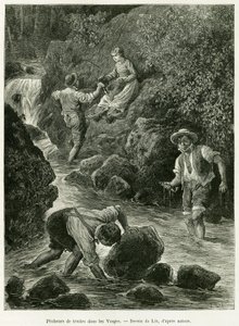 Öringfiskare i Vogeserna. Gravyr av Lix, för att illustrera berättelsen A Through Alsace and Lorraine, av Charles Grad, tysk deputerad, 1885, i tour du monde 1887, under ledning av Edouard Charton (1807-1890), Hachette, Paris.