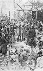 Victor Hugo (1802-85) tar farväl av sina vänner och anhängare i Antwerpen den 1 augusti 1852, ca 1885. av Frederic Theodore Lix