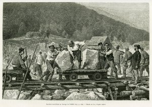 Arbetare som arbetar vid Alfelddammen. Gravyr av Lix för att illustrera historien A travers l