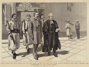 Egypten efter kriget, Arabi och den ärade Mark Napier på väg från Arabis fängelse till domstolen och korsar Quadrangle of the Daira Sanieh av Frederic Villiers