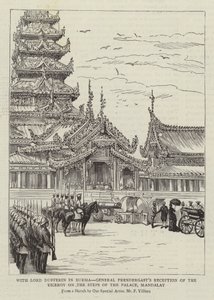 Med Lord Dufferin i Burma, general Prendergasts mottagning av vicekungen på slottets trappor, Mandalay av Frederic Villiers