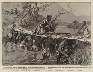 En mänsklig bro i Swaziland, drottningen korsar en svullen bäck av Frederic de Haenen