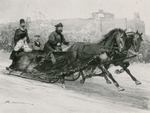 En släde med blått sidennät, för att förhindra snön från att spraya de åkande, Kreml i bakgrunden av Frederic de Haenen