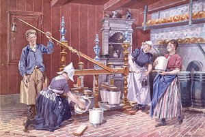 Osttillverkning i Holland, ca 1900 (färg litho) av Frederic de Haenen