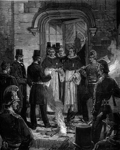 Utvisning av dominikaner från Rue de Jean de Beauvais i Paris till följd av dekreten från mars 1880 som fattades av Jules Ferry och som tar bort rätten att undervisa medlemmar av otillåtna religiösa församlingar: läsning av akten om anmälan av dekret till  av Frederic de Haenen