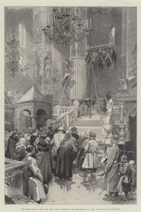 Tsarens kröning, allmänheten inspekterar förberedelserna i kyrkan Assumption av Frederic de Haenen