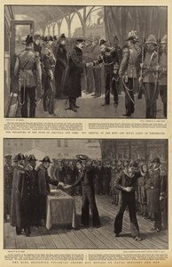Hertigen av Cornwall och Yorks avgång, kungens och det kungliga partiets ankomst till Portsmouth, kungen skänkte viktorianska order och medaljer till sjöofficerare och män