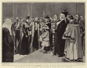 Mottagningen i Guildhall, prinsessan av Wales tar emot en bukett av Frederic de Haenen