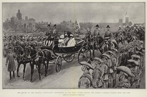 Genomgången av kolonialkröningskontingenterna på Horse Guards Parade, drottningens vagn passerar längs linjen av Frederic de Haenen