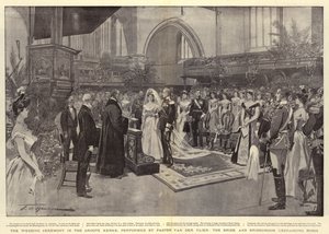 Bröllopsceremonin i Groote Kerke, utförd av pastor Van der Vlier, bruden och brudgummen som byter ringar
