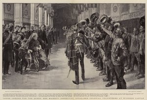 Tre skålar för drottningen, Hennes Majestät inspekterar invaliderade koloniala frivilliga vid Windsor Castle.