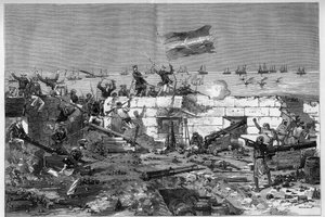 Tunisien, juli 1881: Franska trupper intog staden Stax efter invånarnas revolt mot det franska protektoratet Tunisien. Marina gevär tar av det cirkulära batteriet. Gravyr av De Haenen i "" The Illustrous World"" nr 1273 av 20 augusti av Frederic de Haenen