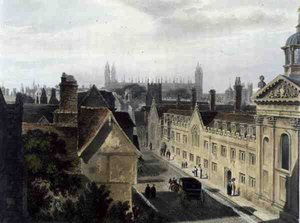 Exteriör av Pembroke College, från ett fönster i Peterhouse, Cambridge, från "The History of Cambridge", graverad av Joseph Constantine Stadler (fl.1780-1812), pub. av R. Ackermann