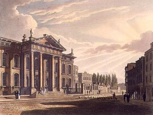 Exteriör av Clarendon Printing House, illustration från "Historien om Oxford", graverad av puben Joseph Constantine Stadler (fl.1780-1812). av R. Ackermann av Frederick (after) Mackenzie