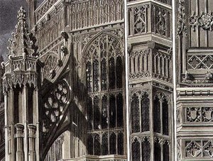 Fragments and Parts of the Exterior of Henry the Seventh Chapel, tavla 12 från Westminster Abbey, graverad av Thomas Sutherland, utgiven av Rudolph Ackermann (1764-1834) 1811 (akvatint) av Frederick (after) Mackenzie