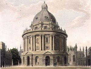 Radcliffe Library, illustration från "Historien om Oxford", graverad av puben J. Bluck (fl.1791-1831). av R. Ackermann