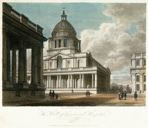 Vy över Greenwich Hospital (Kent, England), beskrivning av kupolen och det nordöstra hörnet av kung Vilhelms (William) gård, med hallens norra fasad målad bakom, och med en del av drottning Marys gård och kapell av Frederick (after) Nash