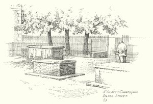 St Olaves kyrkogård, Silver Street (litografi) av Frederick Adcock