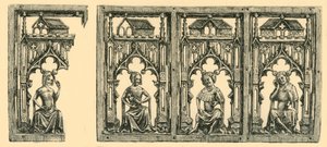 Riddare och damer som sitter under baldakiner, genomborrad panel av elfenben, mitten av slutet av 1300-talet, 1881.