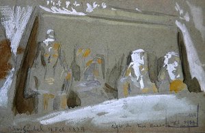 Fyra kolossala statyer av Ramses II vid det stora templet i Abu Simbel av Frederick Arthur Bridgman