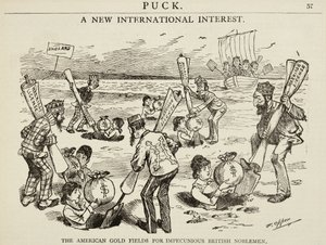 Tecknad film föreställande "The American Gold Fields for Impecunious British Noblemen", 1880