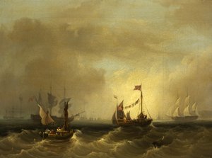 Havslandskap med båtar (olja på duk) av Frederick Calvert