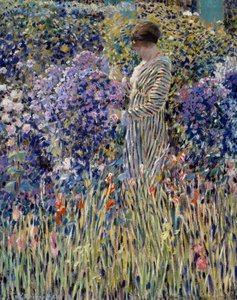 Kvinna i trädgården, cirka 1912, målning av Frederick Carl Frieseke (1874-1939), olja på duk, 81x65 cm